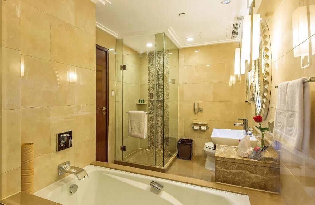 separate bathtub and shower, free toiletries, hair dryer, bathrobes