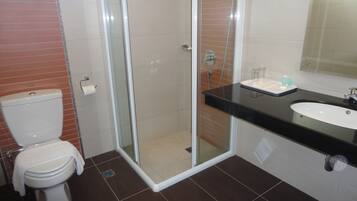 A bathroom with a toilet, a glass-enclosed shower, and a sink with a mirror.