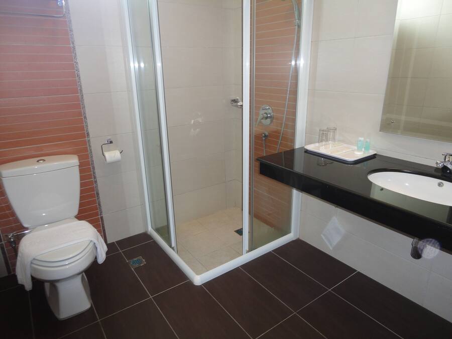 A bathroom with a toilet, a glass-enclosed shower, and a sink with a mirror.