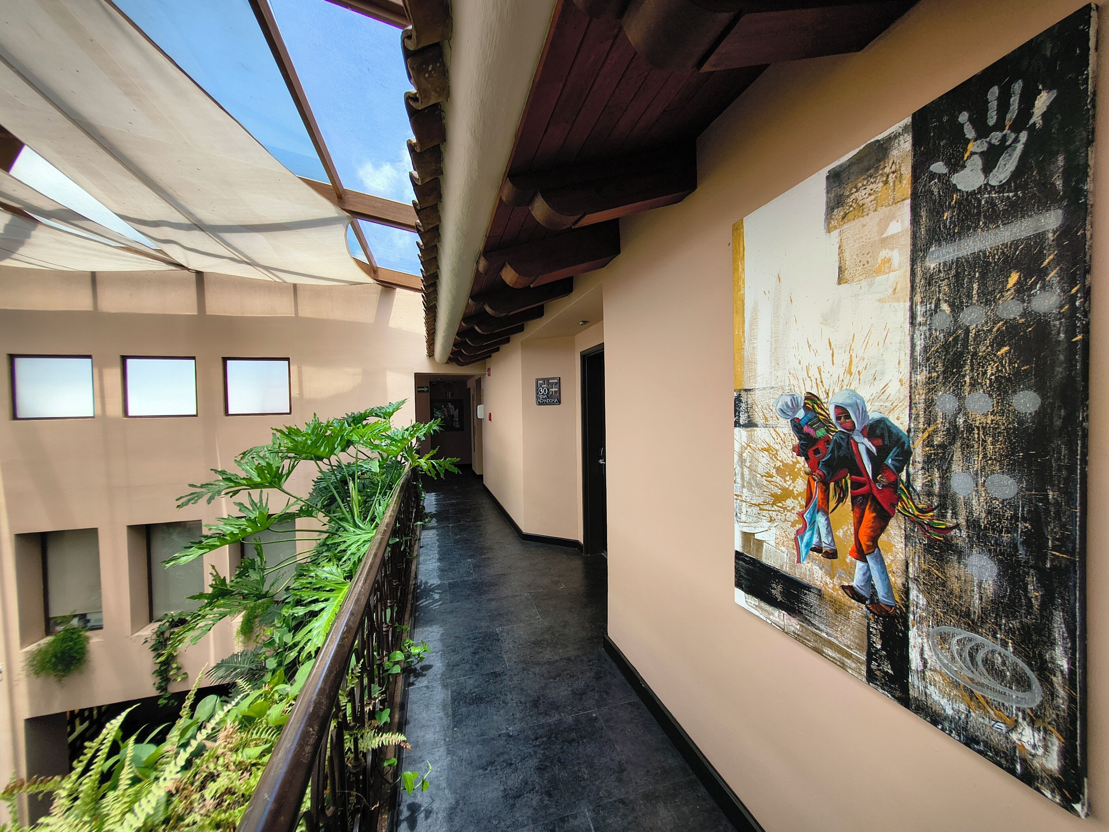 A corridor with a view of the sky, a mural on the wall, and a plant on the left.