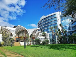 Un edificio moderno con fachada de vidrio curva y un área exterior cubierta con césped y árboles.