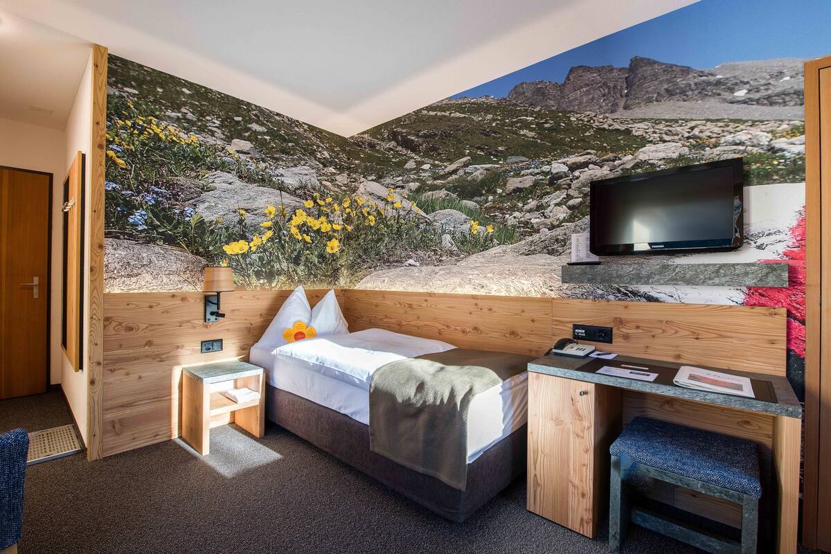 Un dormitorio con cama, escritorio, televisor y un mural de un paisaje montañoso.