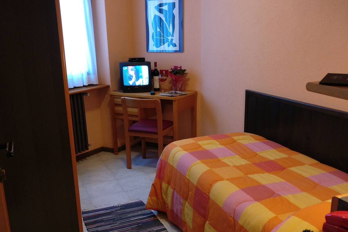A bedroom with a bed, a desk with a television, a chair, a window with curtains, and a wall-mounted picture.