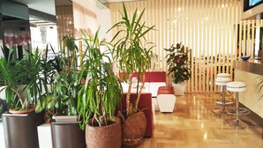 A modern reception area with potted plants, a wooden reception desk, and a seating area with bar stools. - Trocadero (Riccione)