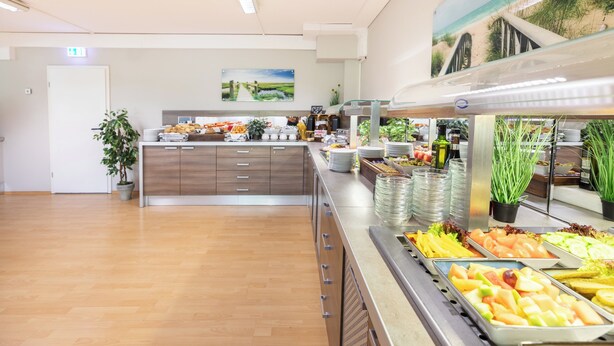A buffet setup with various food items, a potted plant, and a painting on the wall. - Hotel Aviva (Leipzig)