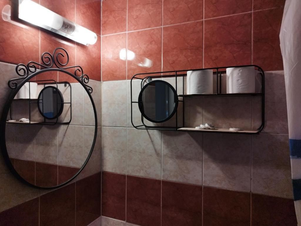 Een badkamer met twee spiegels, een handdoekrek en een wc-rolhouder.