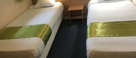 Dos camas individuales con ropa de cama verde y blanca, una mesita de noche de madera y una ventana con cortinas verdes.