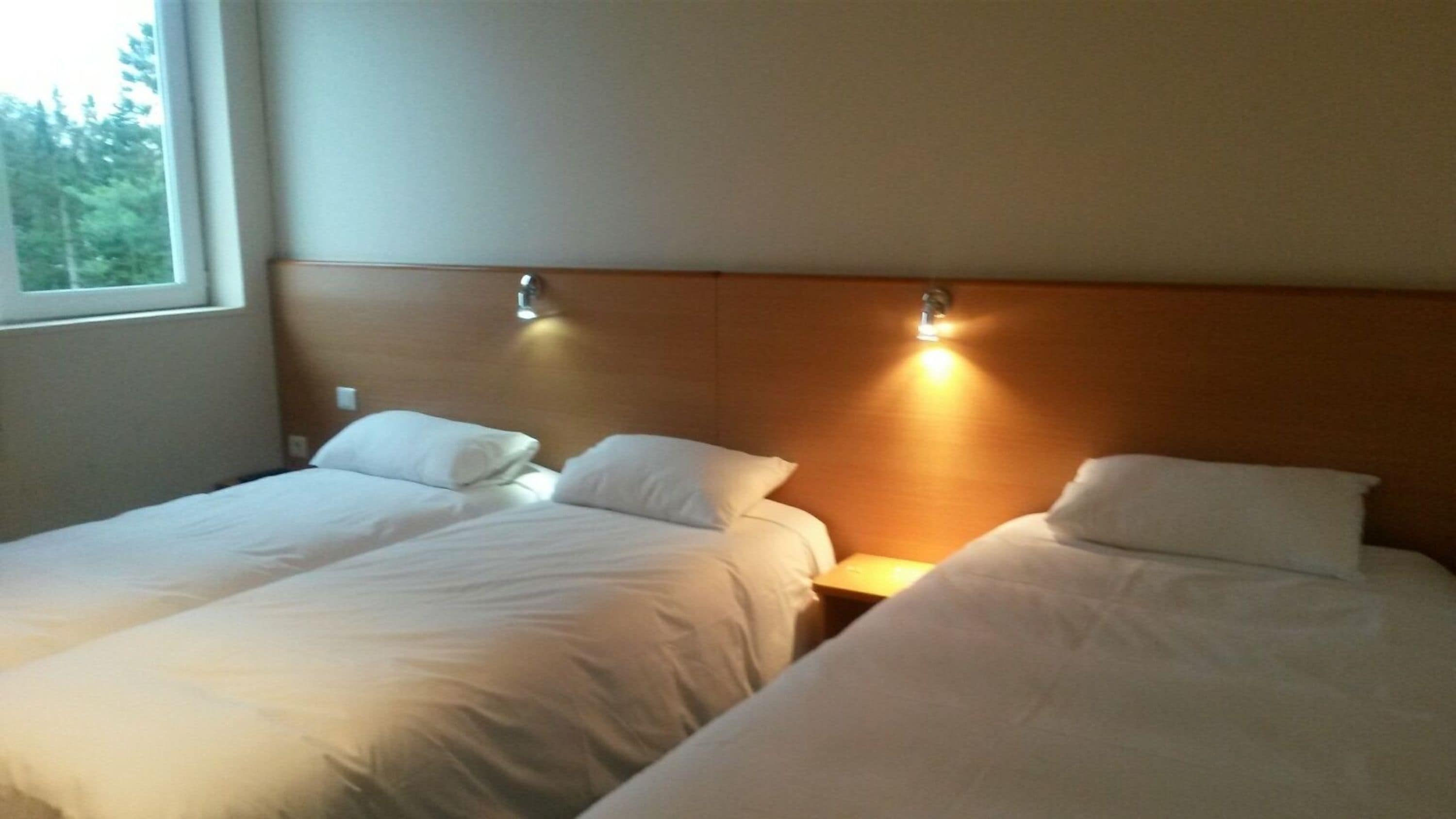A hotel room with two single beds, each with a wooden headboard and bedside lamps.