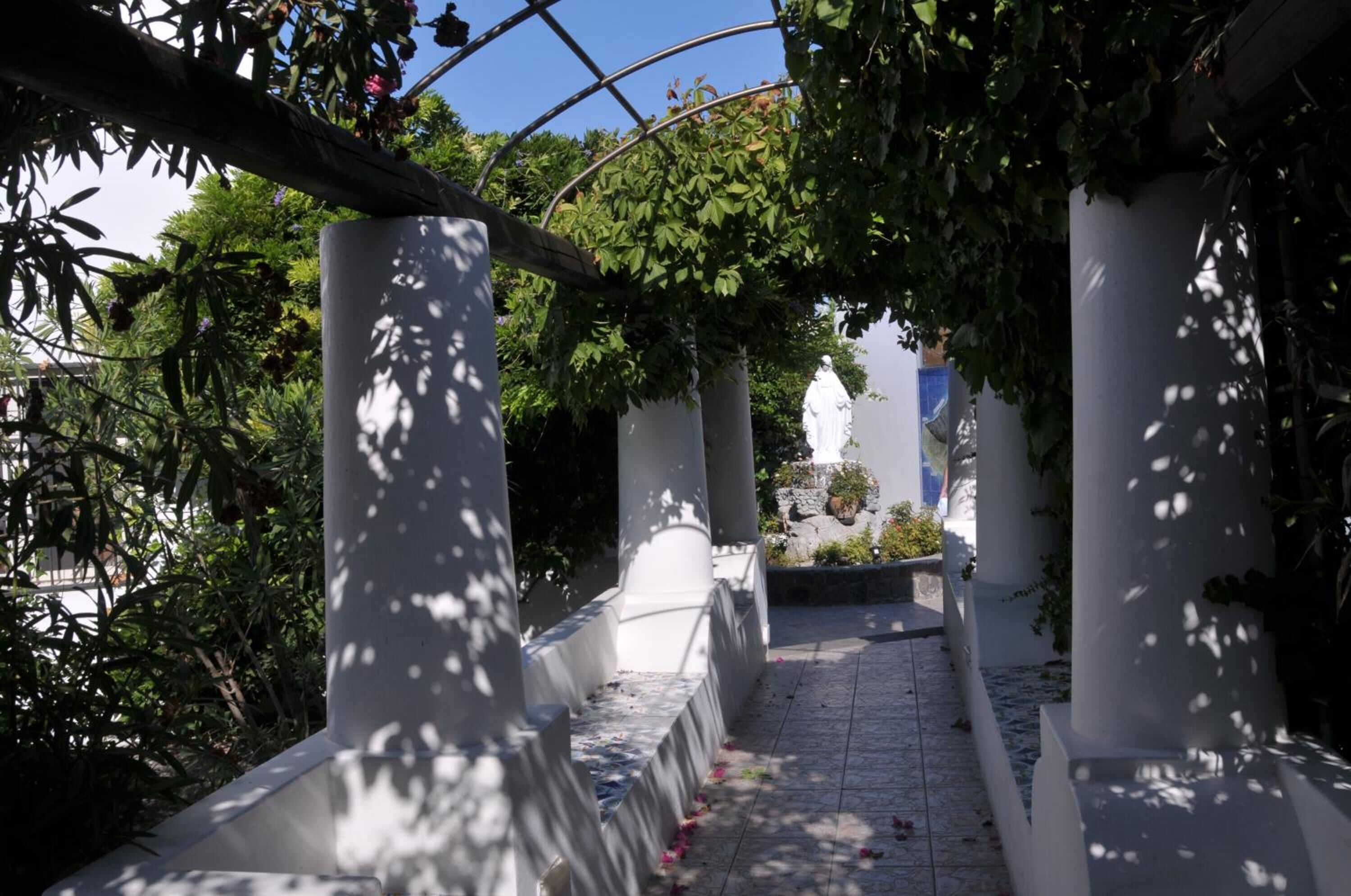 Uma passagem ladeada por colunas e arcos brancos cobertos de vegetação, conduzindo a um edifício branco com uma janela azul.