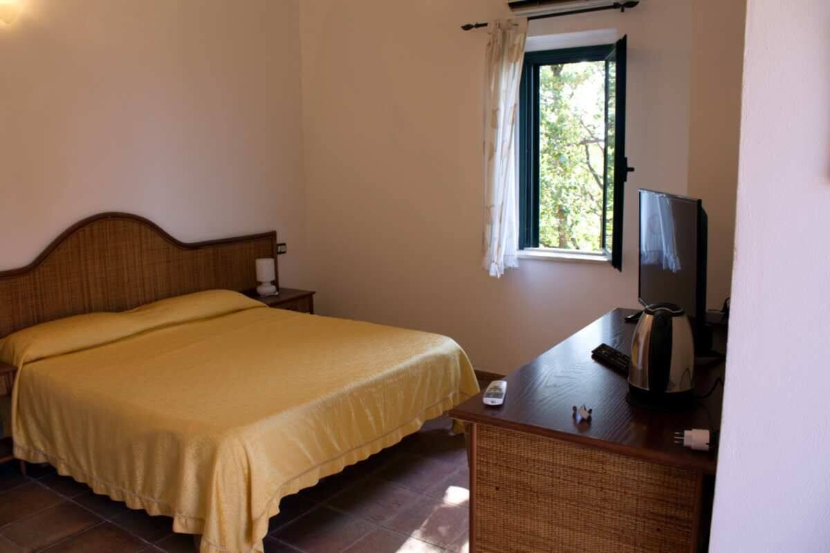 Una camera da letto con un letto, una televisione su un tavolino in legno, una finestra con tende e un comodino.