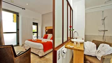 Une chambre d’hôtel comprenant un lit, un coin salon, une salle de bain avec douche et un miroir.