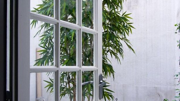 A traditional Japanese-style garden with a bamboo tree, a lantern, and a stone pathway. - Le Céretan Hôtel (Ceret)