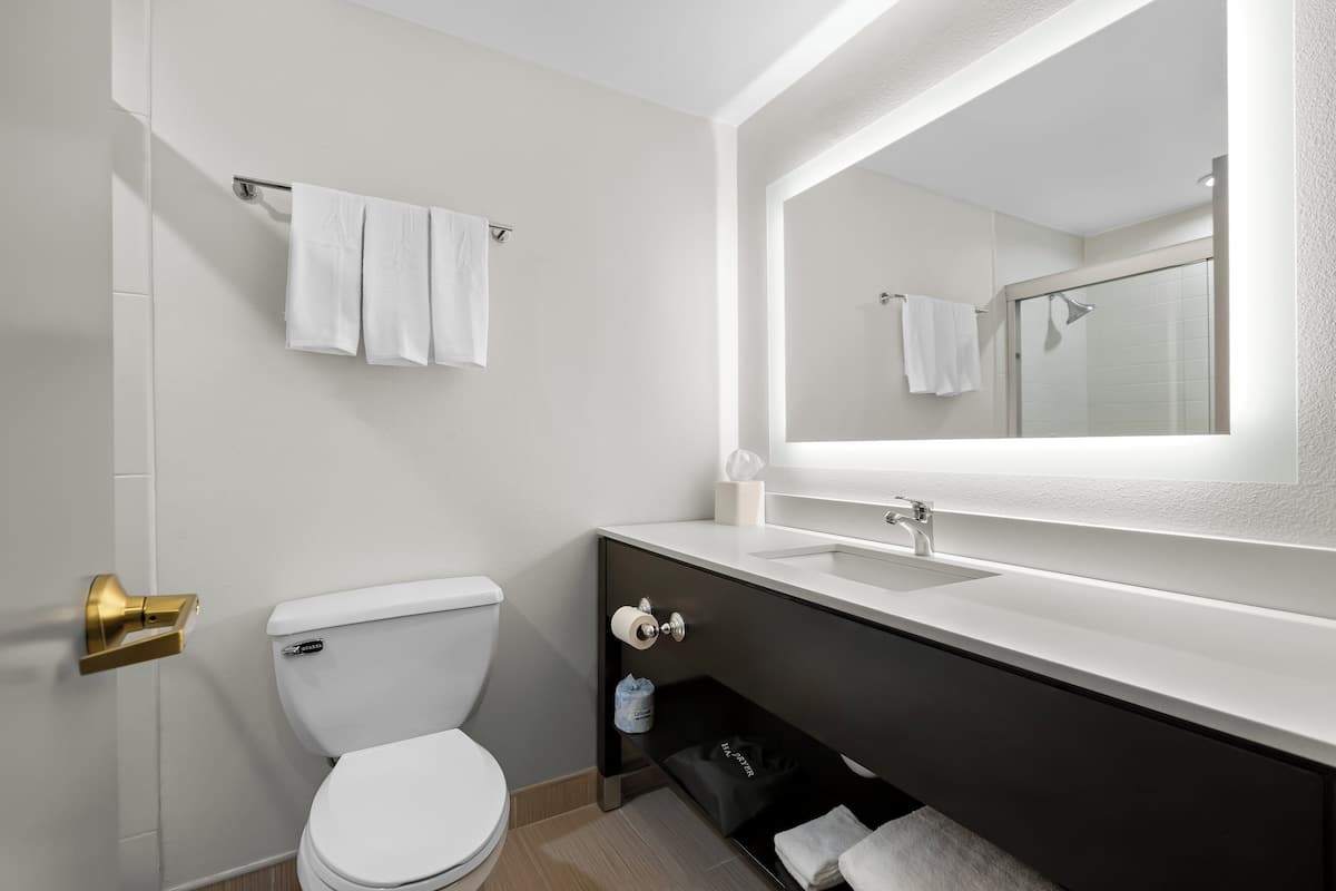 A modern bathroom with a white toilet, a sink with a mirror above it, and a towel rack.