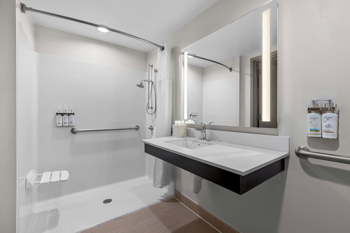 A modern bathroom with a walk-in shower, a vanity with a sink, and a large mirror.