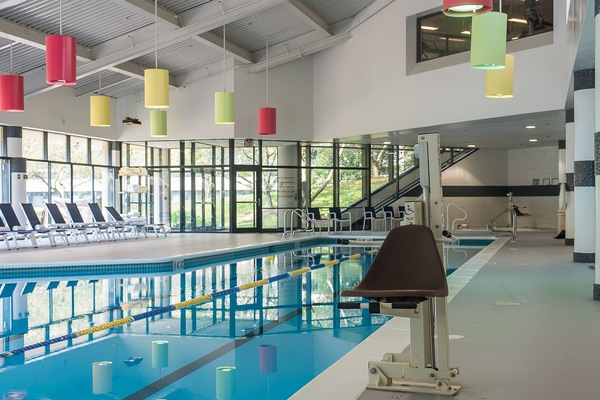 Indoor pool, pool umbrellas, sun loungers