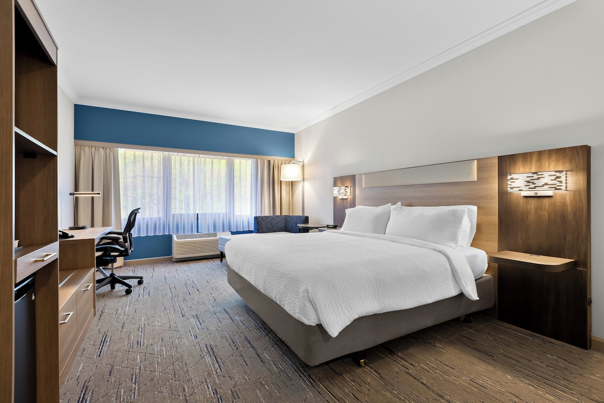 Une chambre d’hôtel avec un grand lit, un bureau, une chaise et une fenêtre avec des rideaux.