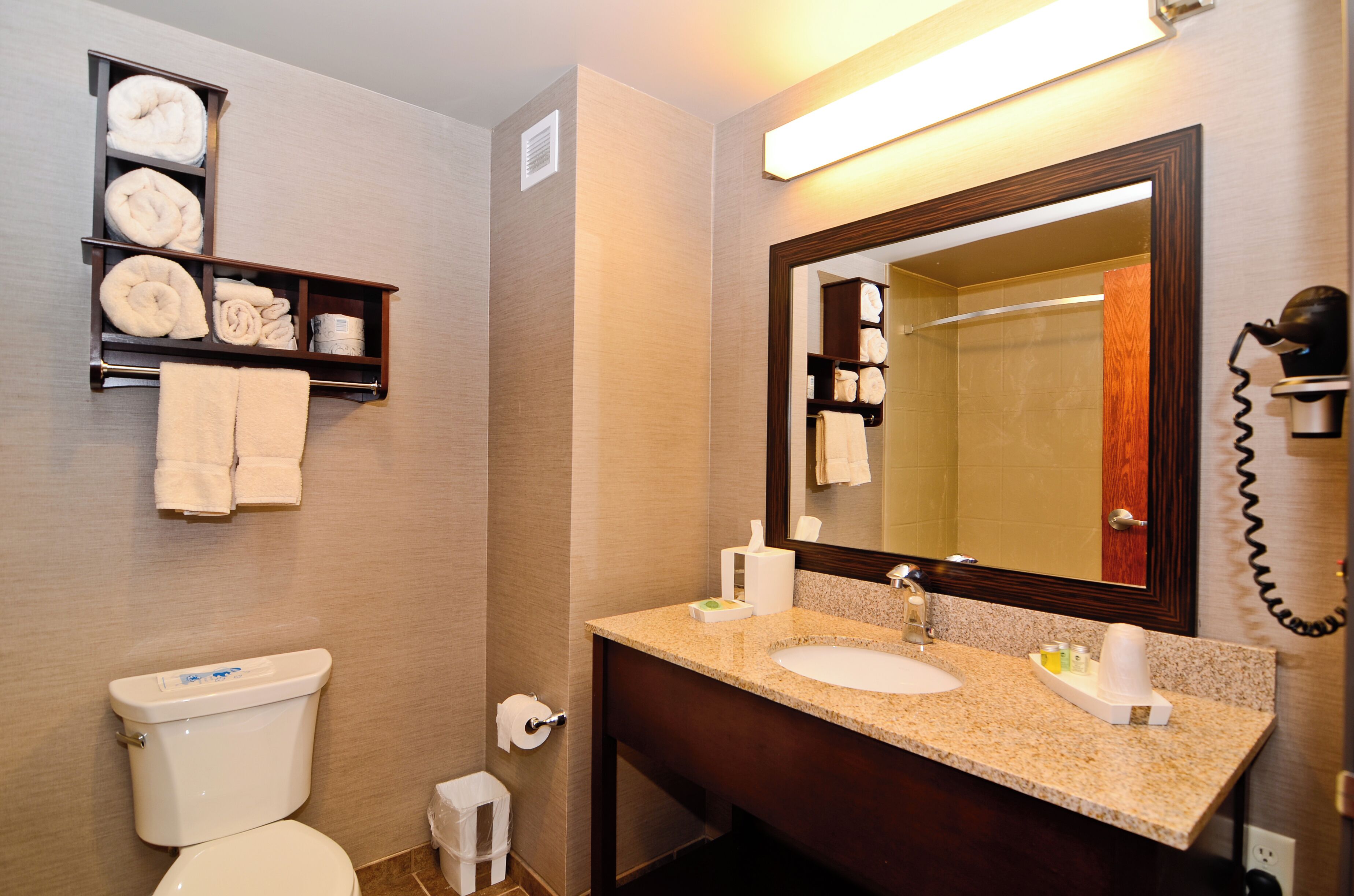 A hotel bathroom with a toilet, sink, mirror, towel rack, and a hairdryer.