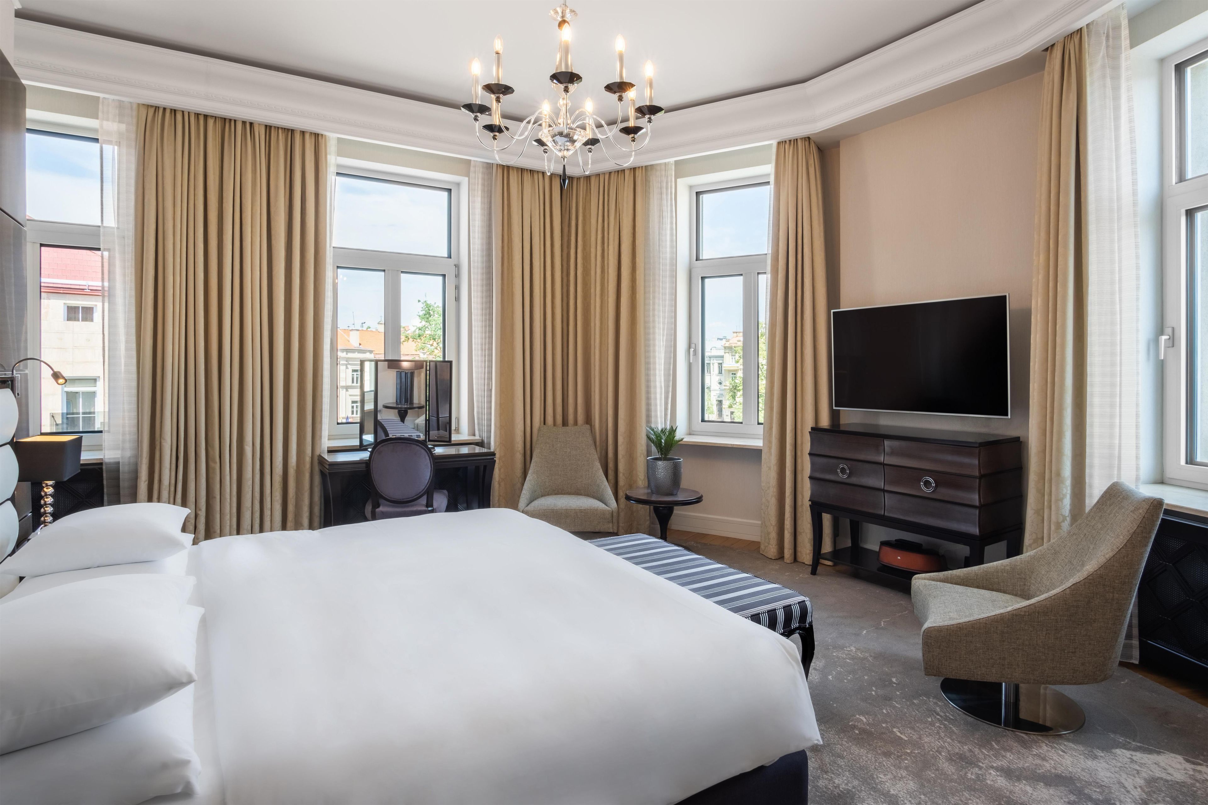 A hotel room with a large bed, a TV, a desk with a chair, and a chair with a plant.