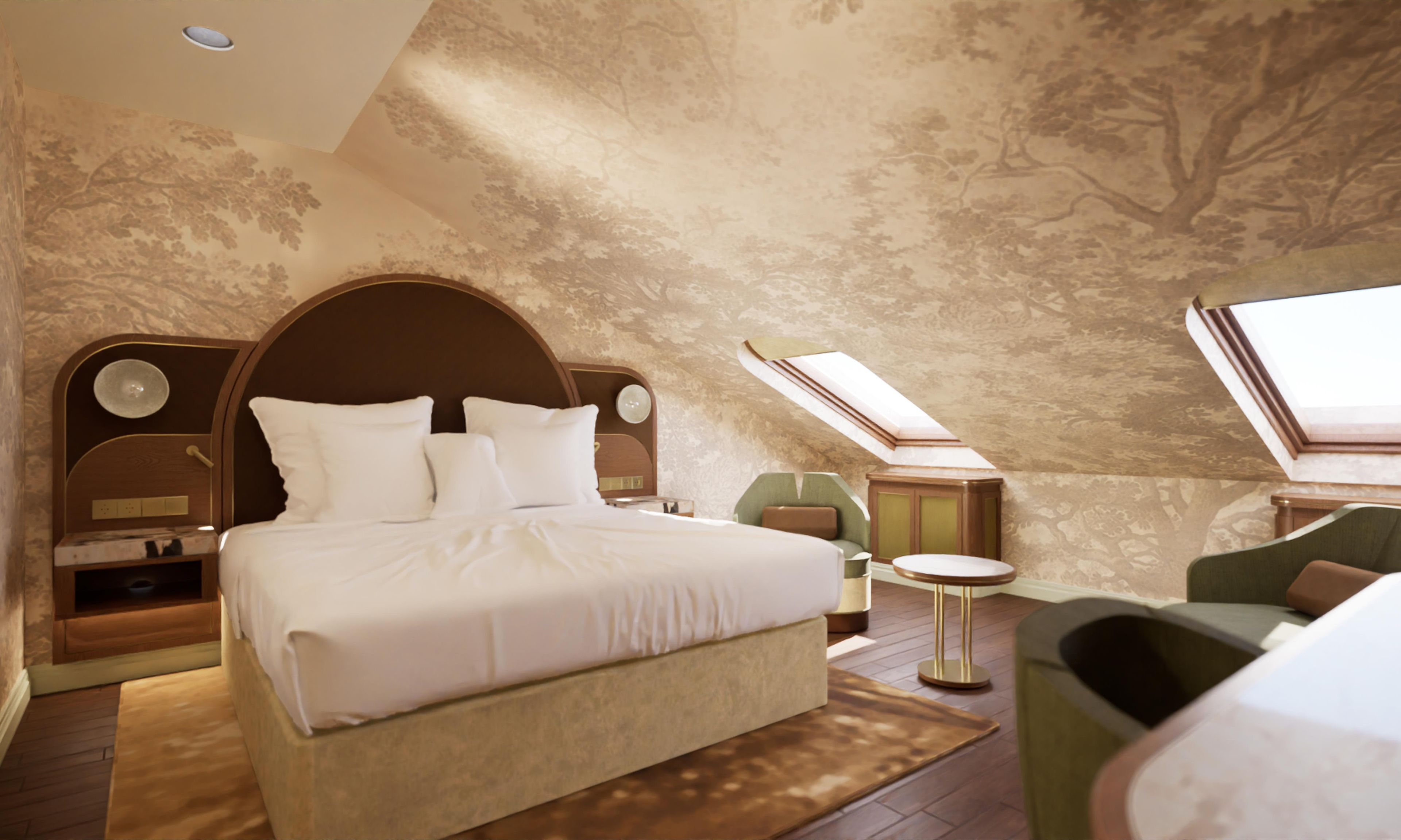 Ein Schlafzimmer mit einem großen Bett, einem Nachttisch, einem Beistelltisch, einem runden Tisch und einem grünen Sessel.