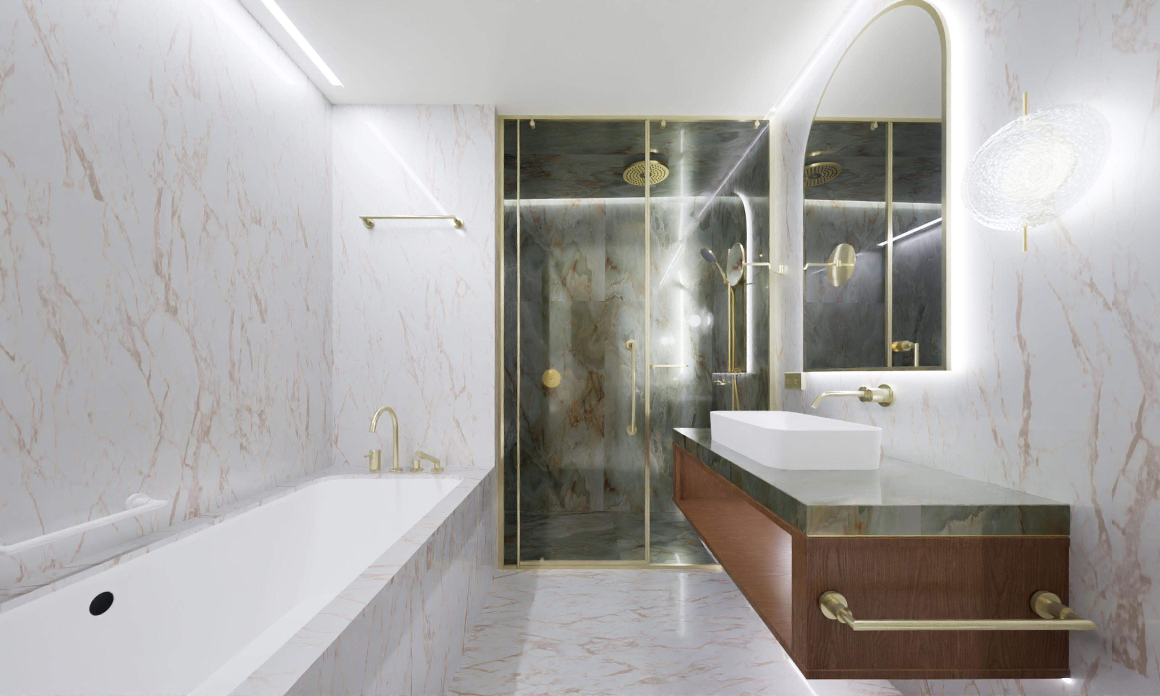 A modern bathroom with a bathtub, a shower, and a vanity with a mirror.