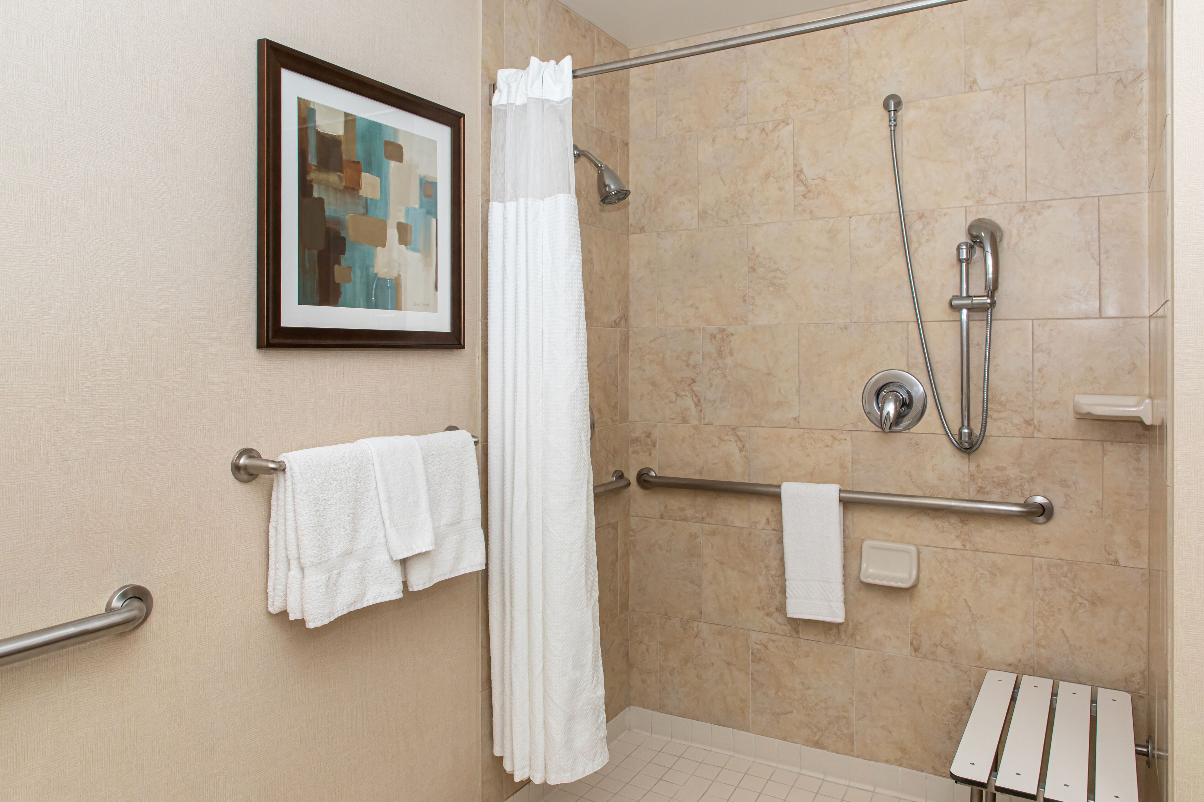 A modern bathroom with a shower, grab bars, a towel rack, and a framed artwork on the wall.
