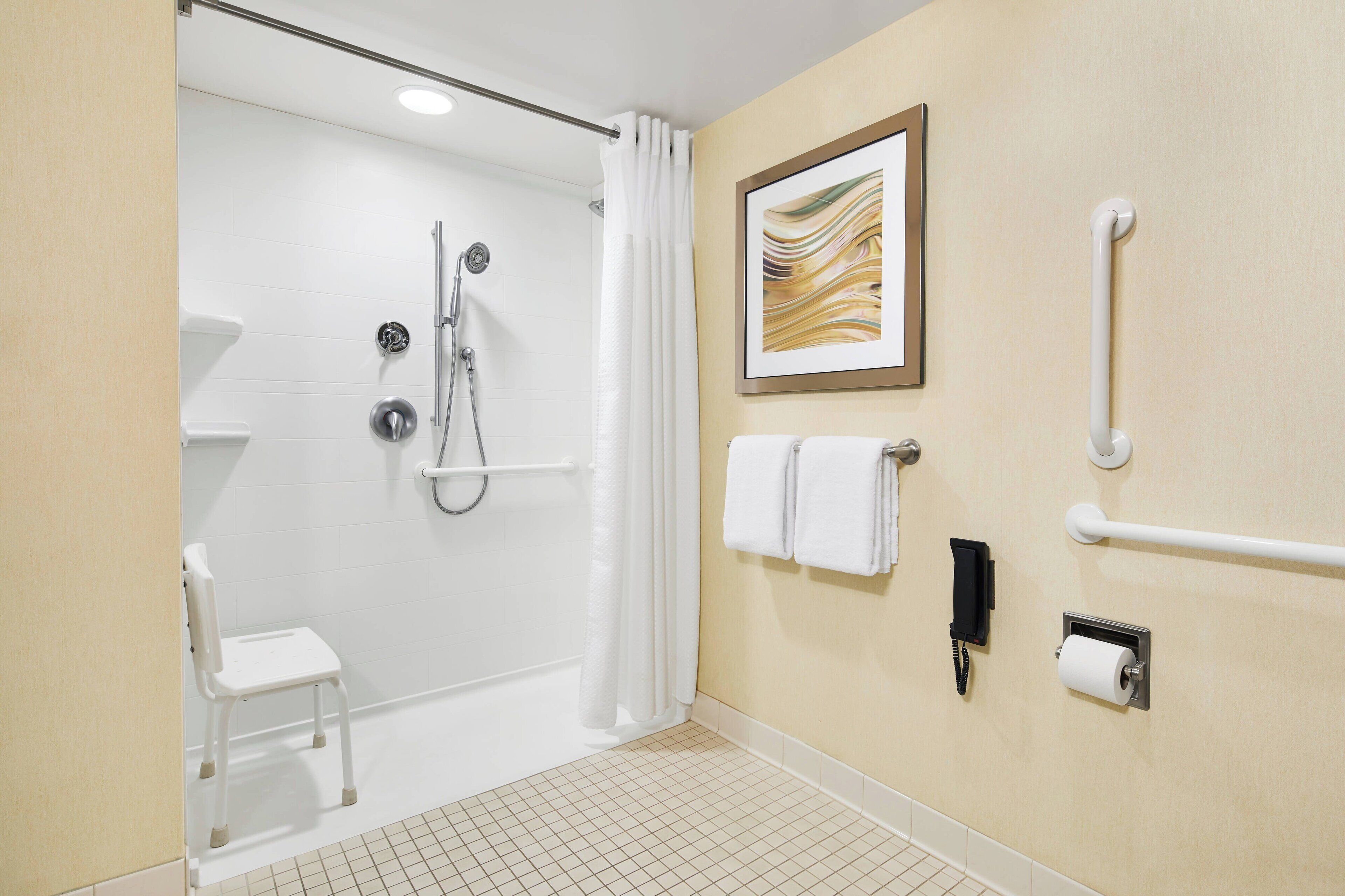 combined shower/bathtub, free toiletries, hair dryer, towels