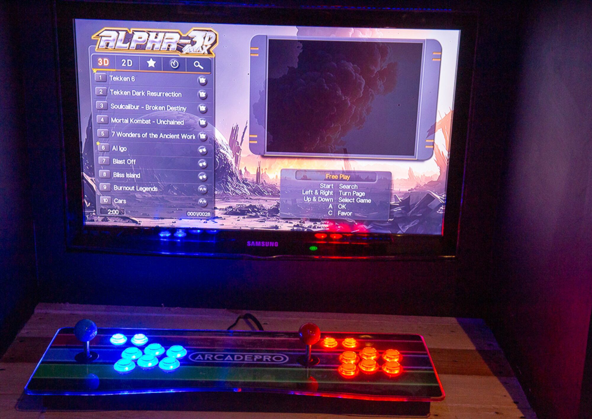 A gaming setup with a TV displaying a game menu and a joystick.
