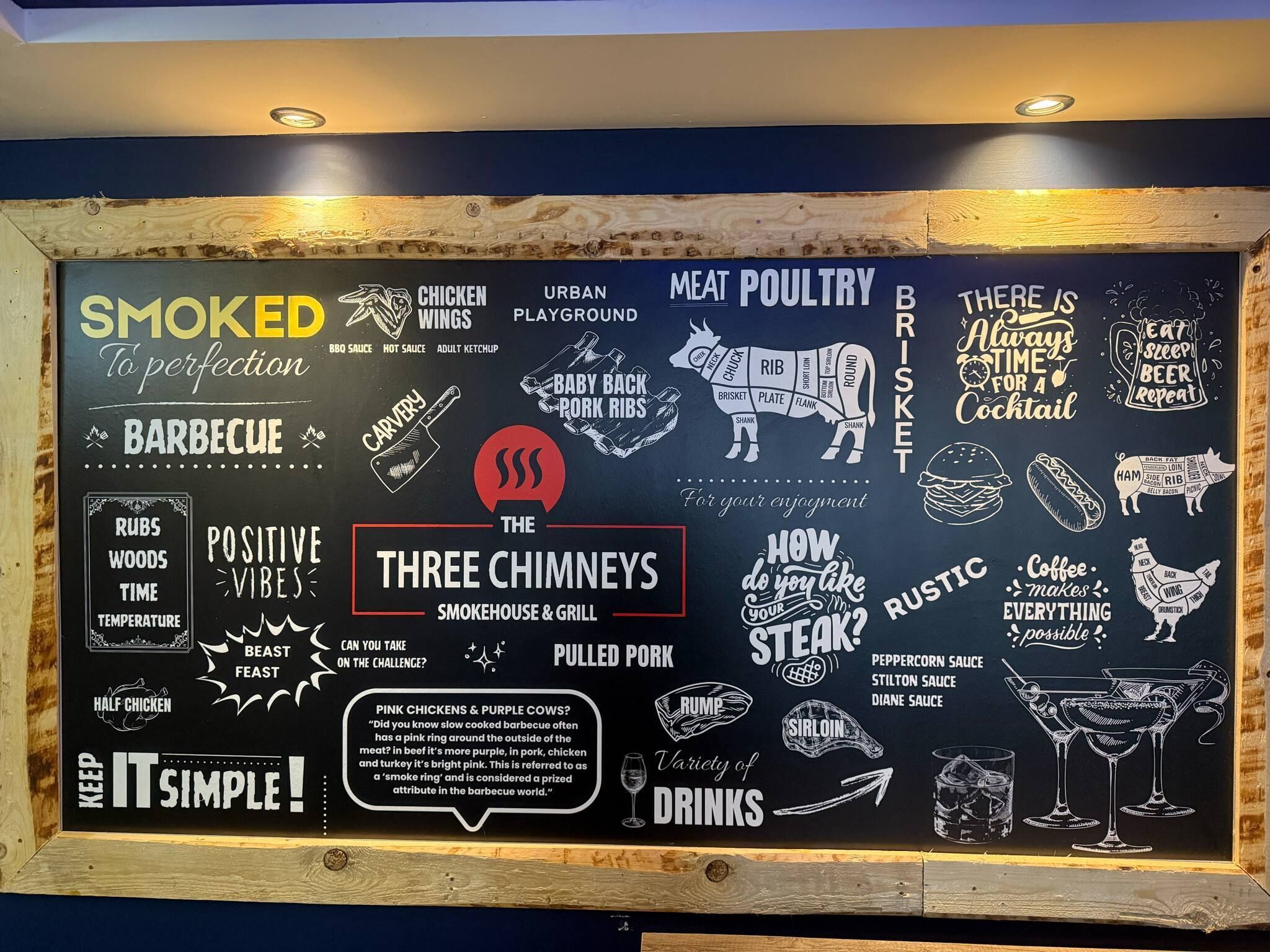 A chalkboard menu with various barbecue items and drinks.