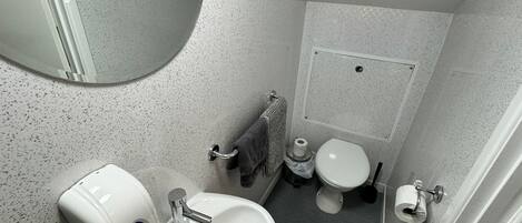 A bathroom with a white sink, a toilet, and a shower area.