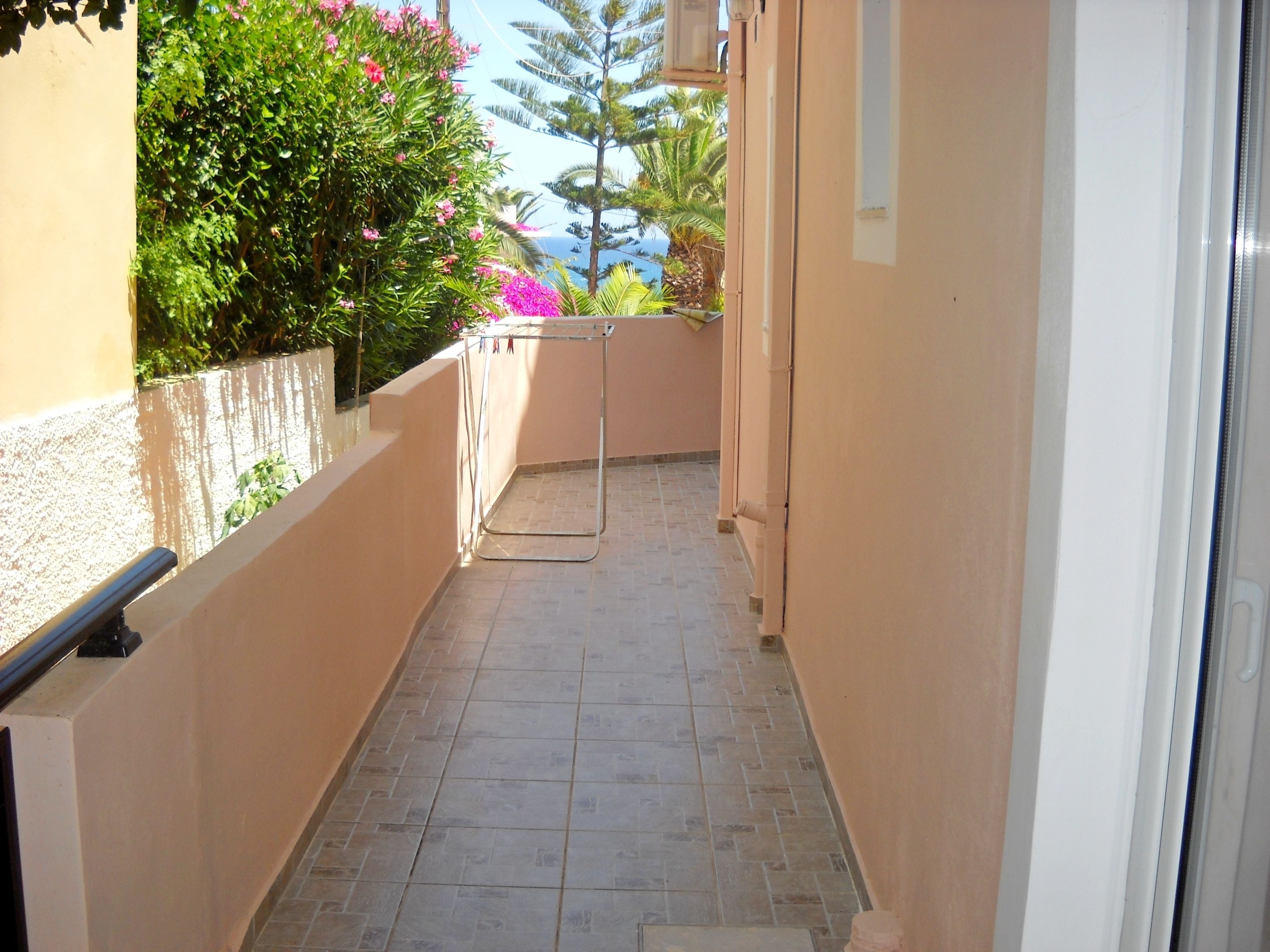 A narrow corridor with tiled flooring, a metal drying rack, and a view of lush greenery and a palm tree.