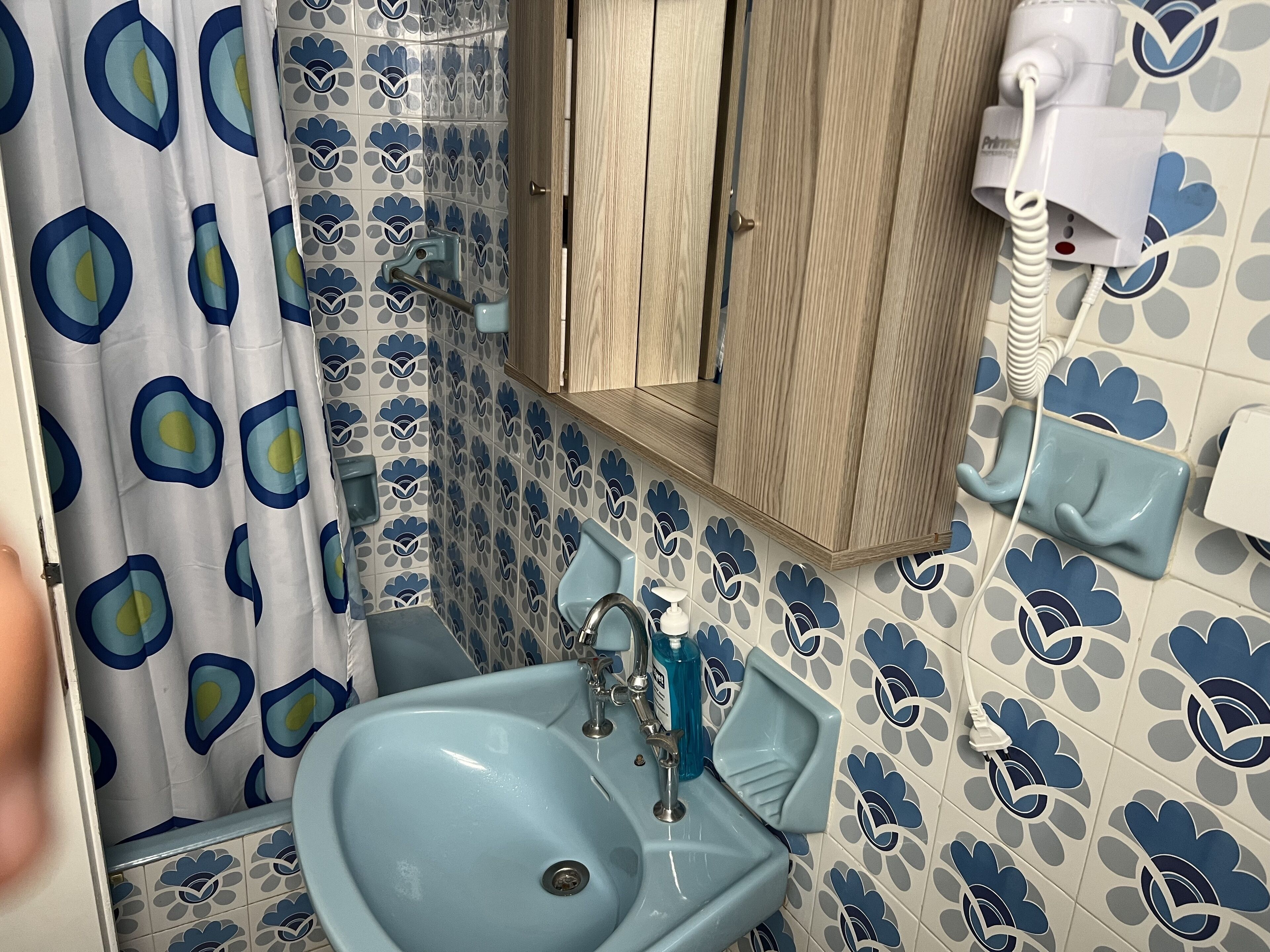 Ein Badezimmer mit blauem Waschbecken, Toilette und einer blauen Duschvorhang mit Avocado-Muster.