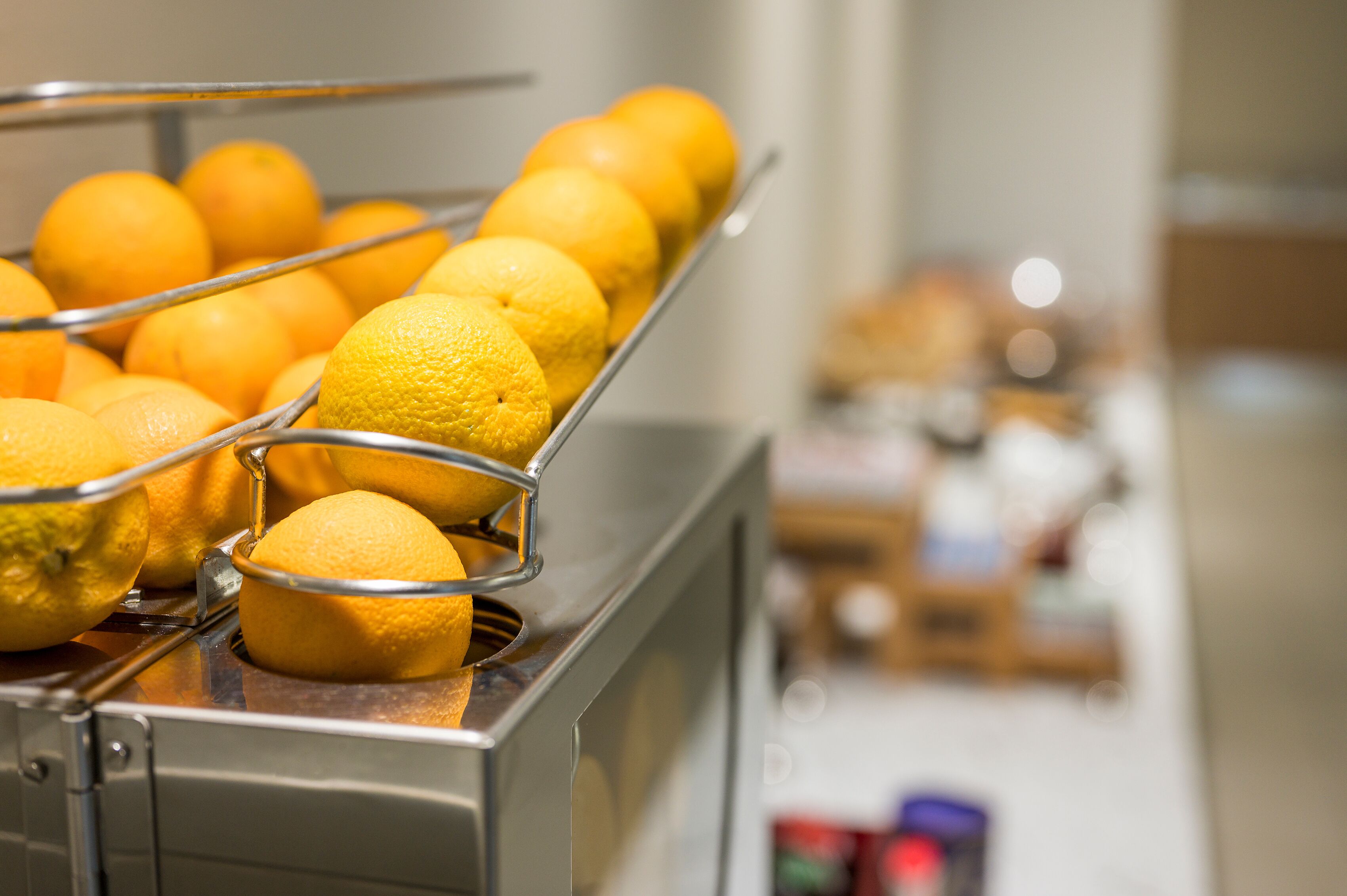 Oranges arranged on a metal rack in a commercial setting.