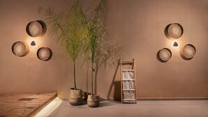 Un espace de détente avec un banc en bois, deux plantes en pot, un applique murale en osier et une étagère en bois.