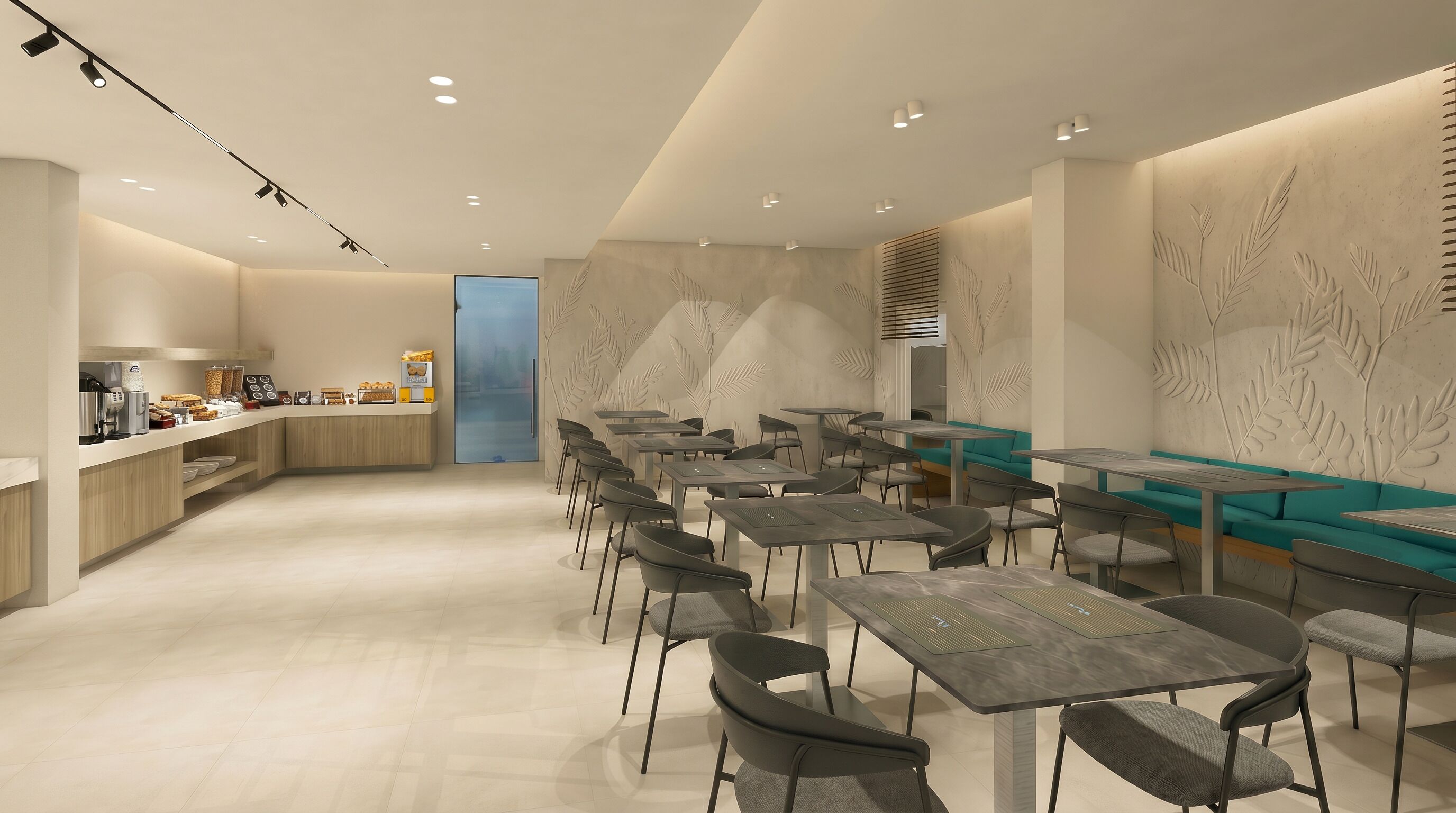 A modern cafe with a counter, seating area, and decorative wall panels.