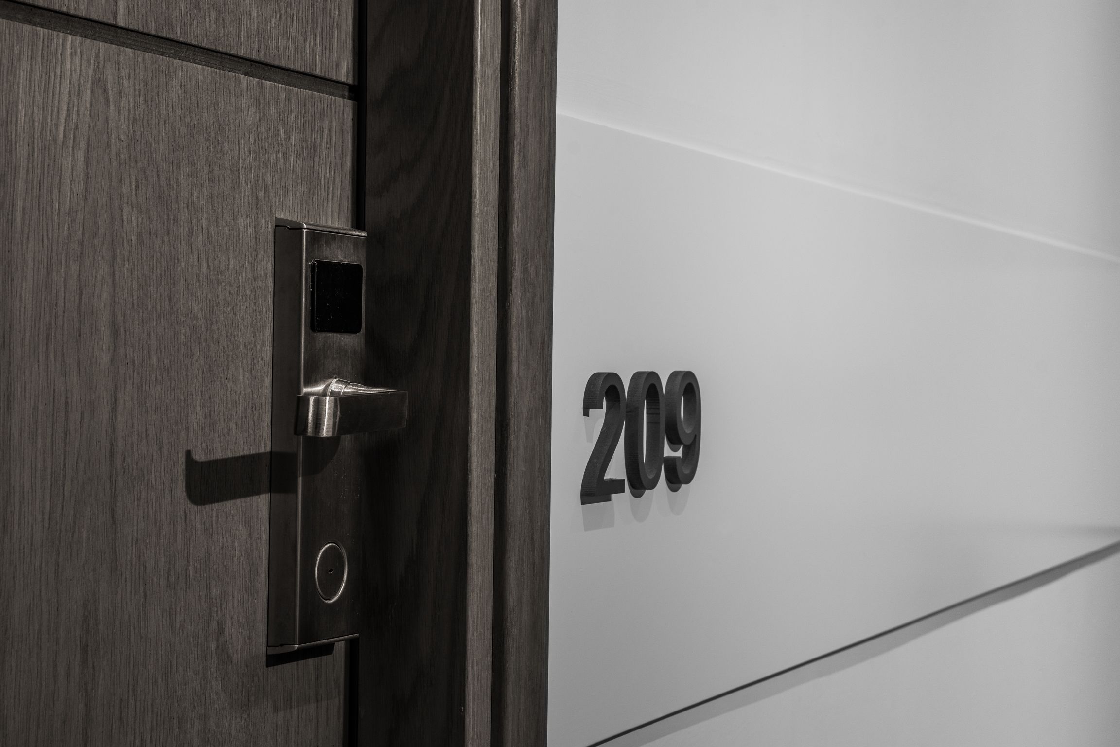 A door with a numeric keypad lock and a room number 209.