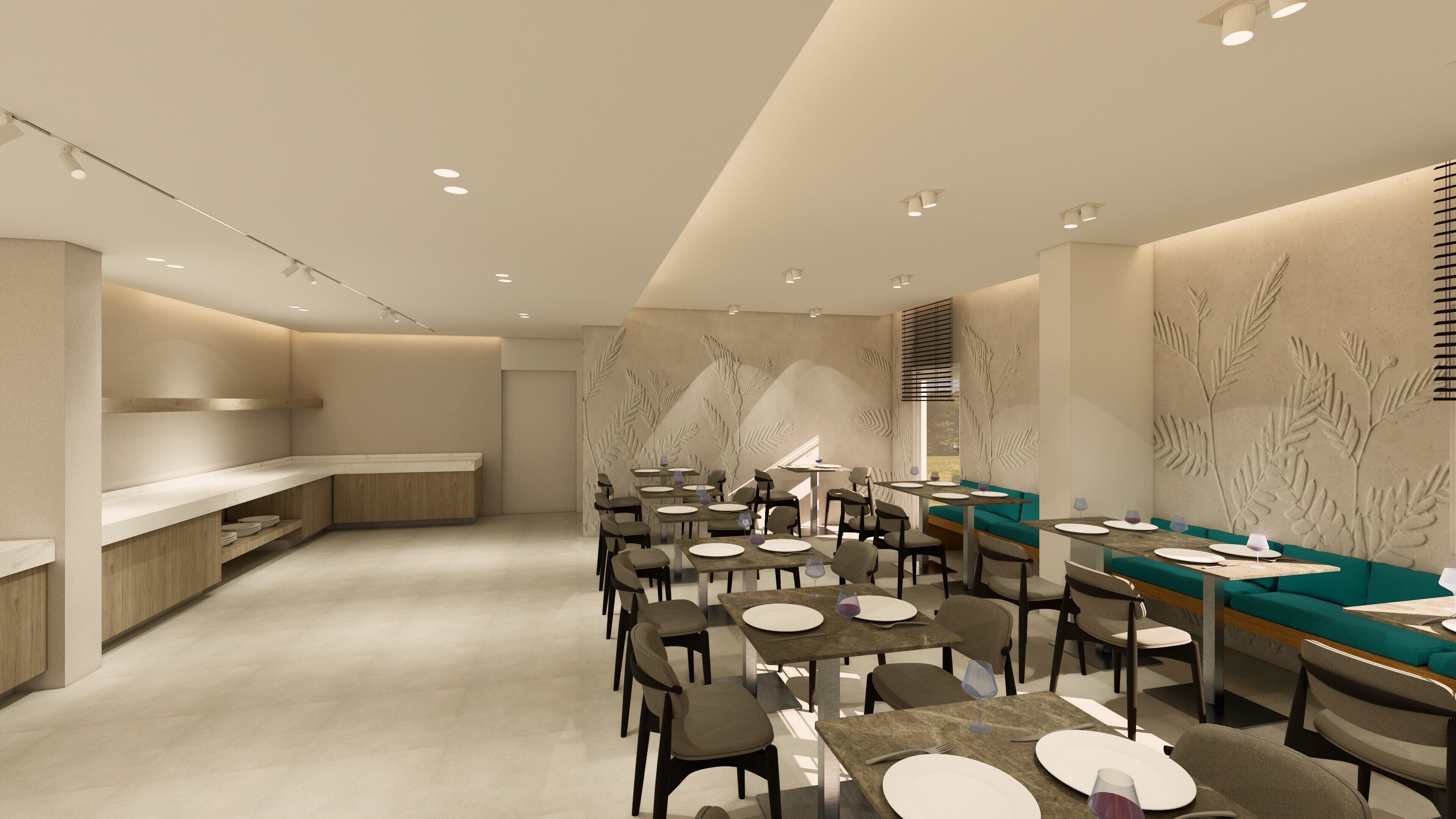 L’intérieur d’un restaurant moderne, avec un long comptoir, de nombreuses tables et des chaises.