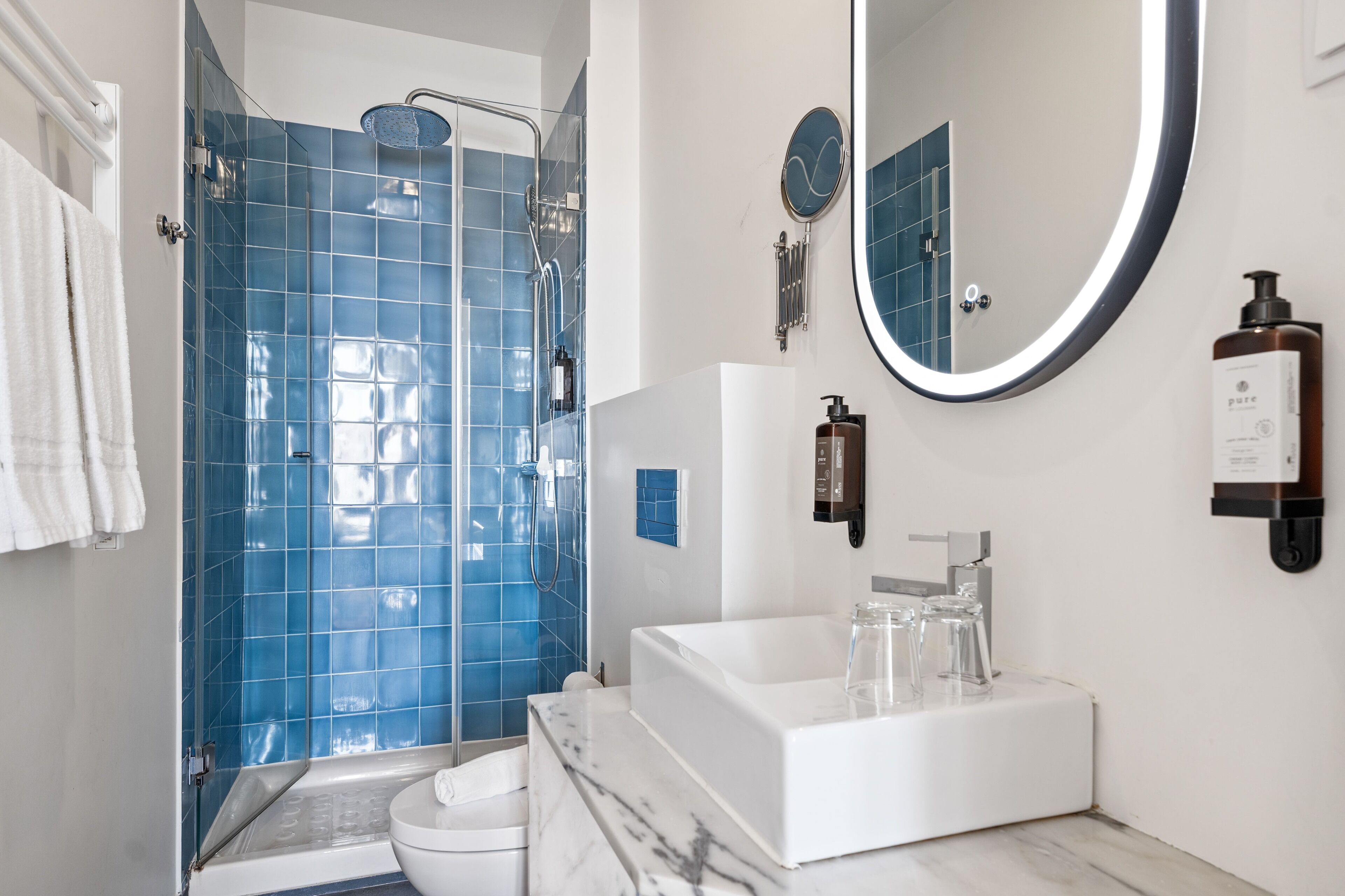 double room with view | bathroom | shower, hair dryer, towels, soap