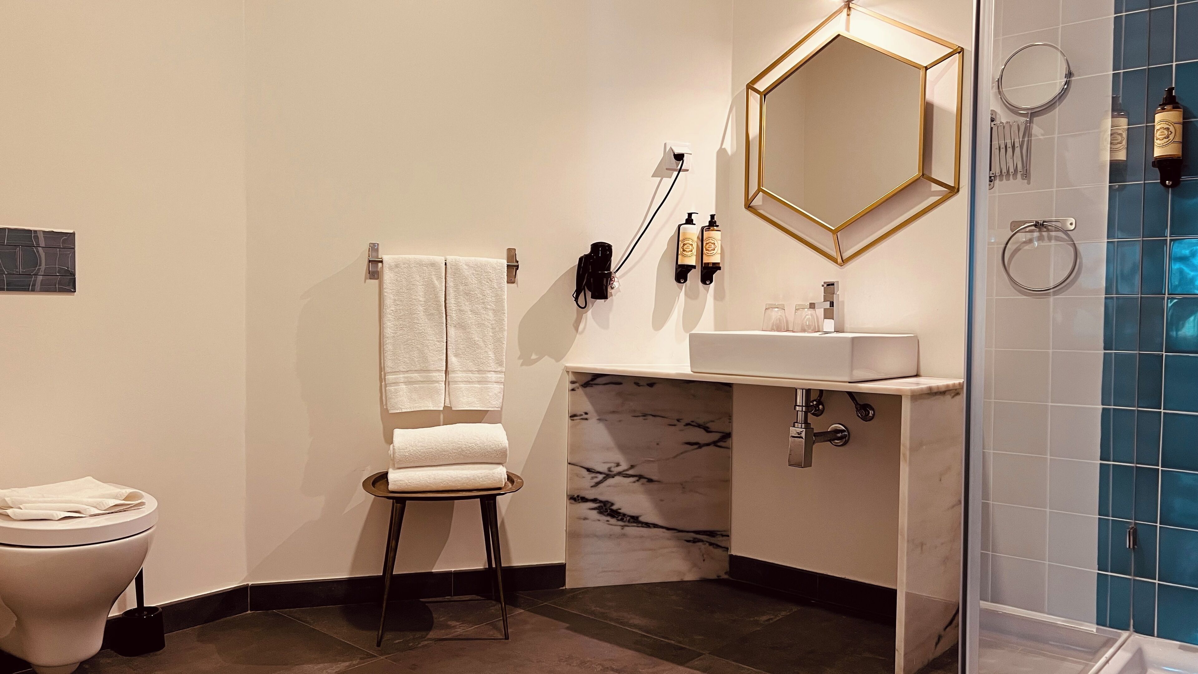 double room with view | bathroom | shower, hair dryer, towels, soap