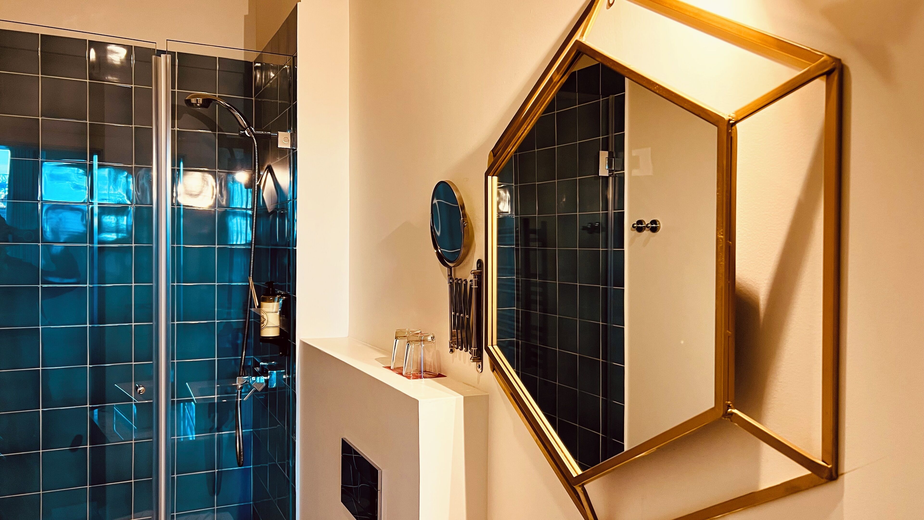 double room with view | bathroom | shower, hair dryer, towels, soap