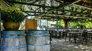 An outdoor seating area with wooden barrels, tables, and chairs.