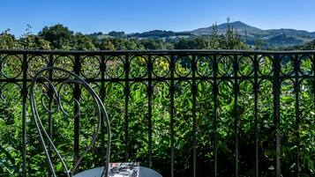 Une chaise en métal, avec un magazine posé dessus, se trouve sur un balcon doté d’une rambarde en métal. De là, on peut admirer un paysage verdoyant et luxuriant, ainsi qu’une montagne qui se profile à l’horizon.