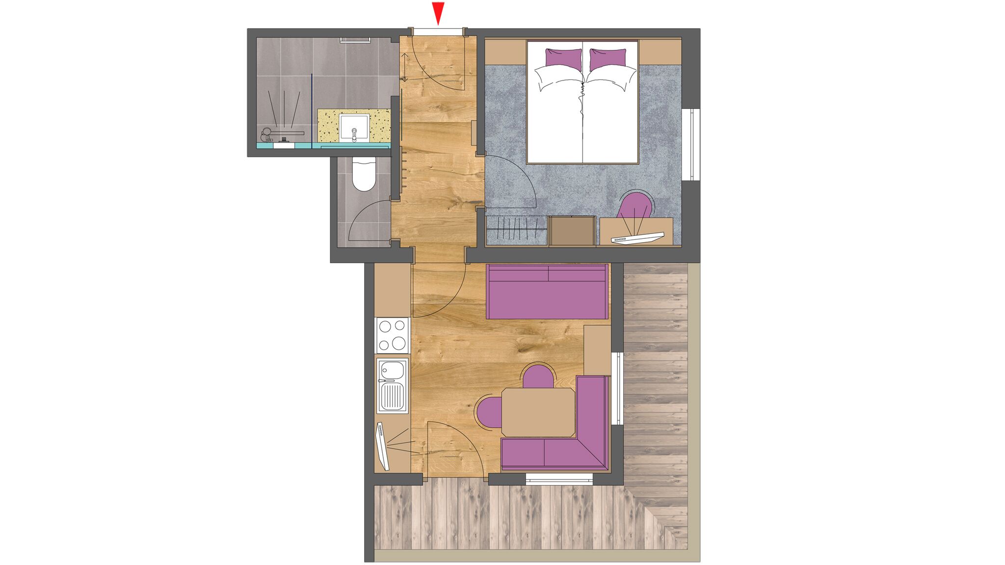 Een plattegrond van een hotelkamer met een badkamer, een kitchenette, een zithoek met een bank en een tafel, en een bed.