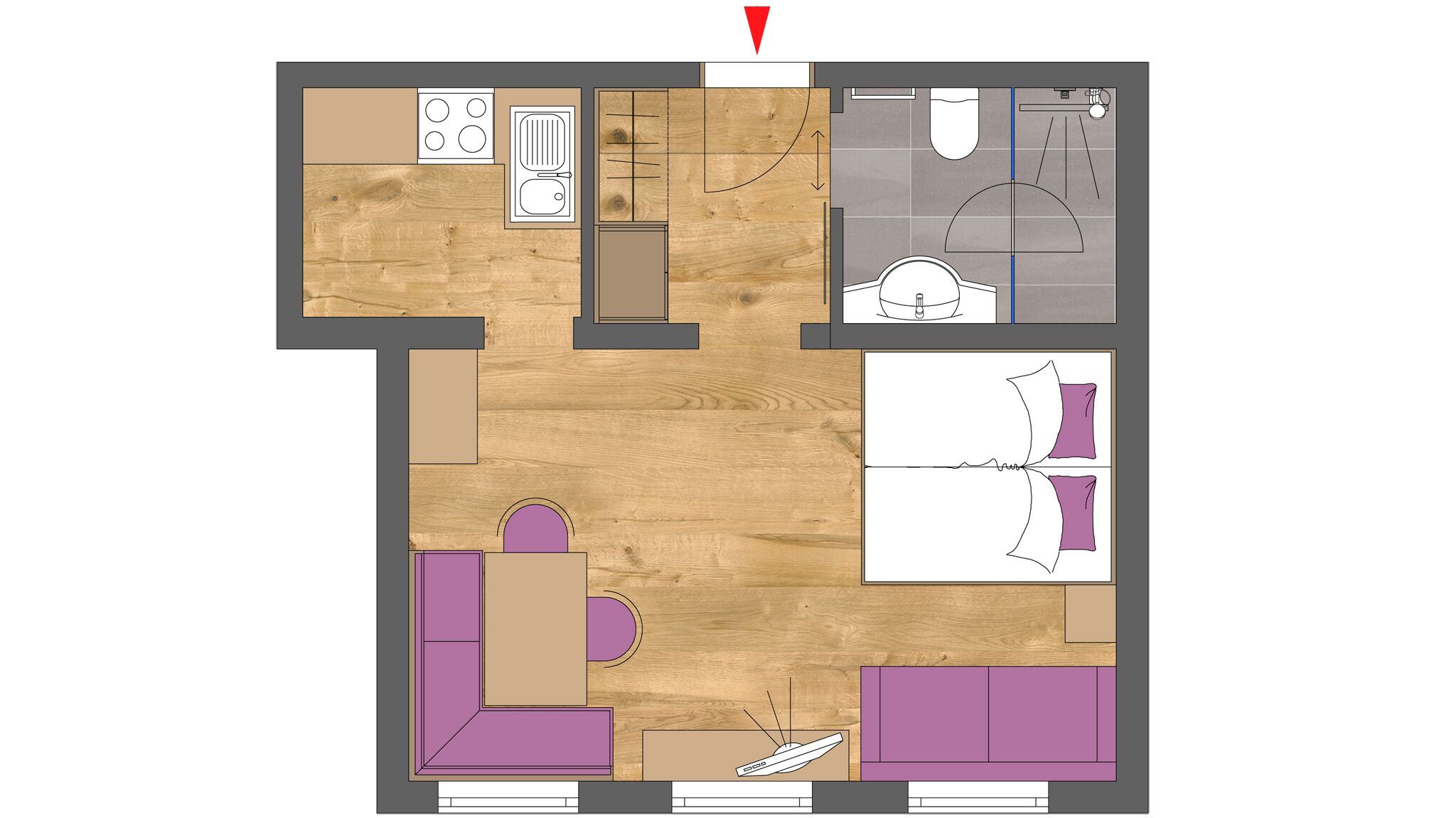 Plantegning af et hotelværelse med tekøkken, badeværelse, opholdsstue med sofa og lænestol samt en lille balkon.