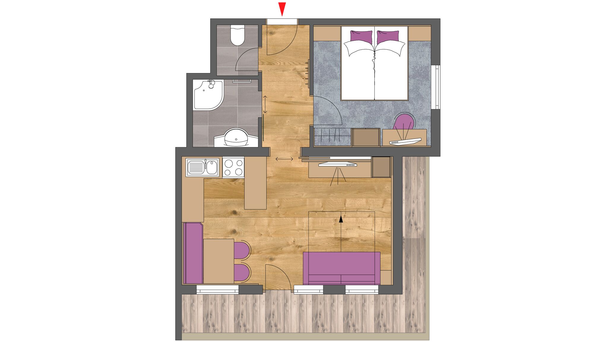 A 2-bedroom apartment layout with a kitchen, bathroom, and living area.