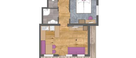 A 2-bedroom apartment layout with a kitchen, bathroom, and living area.