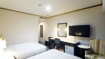 Down duvets, desk, laptop workspace, blackout curtains