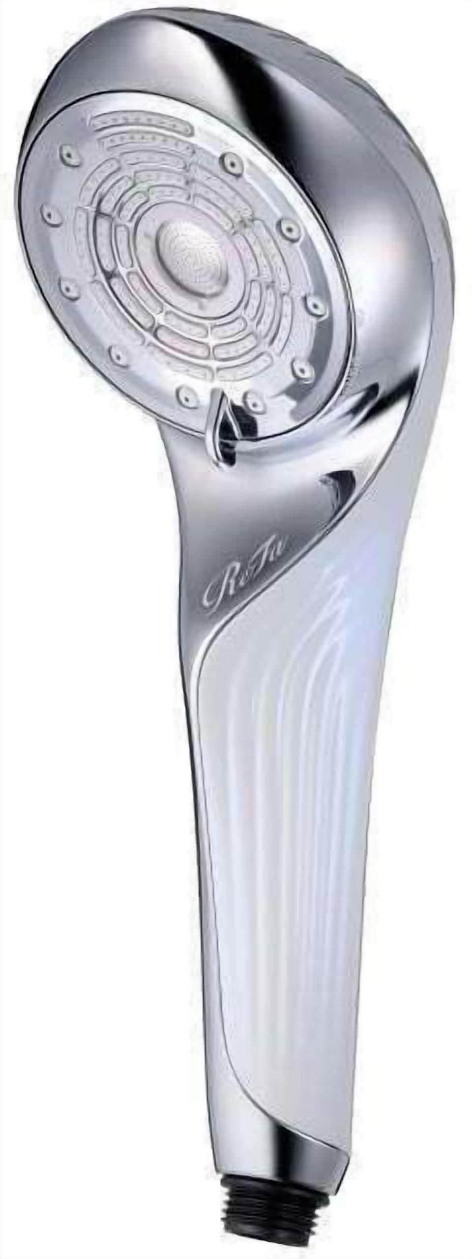 A metallic object with a circular top and a handle, possibly a showerhead.