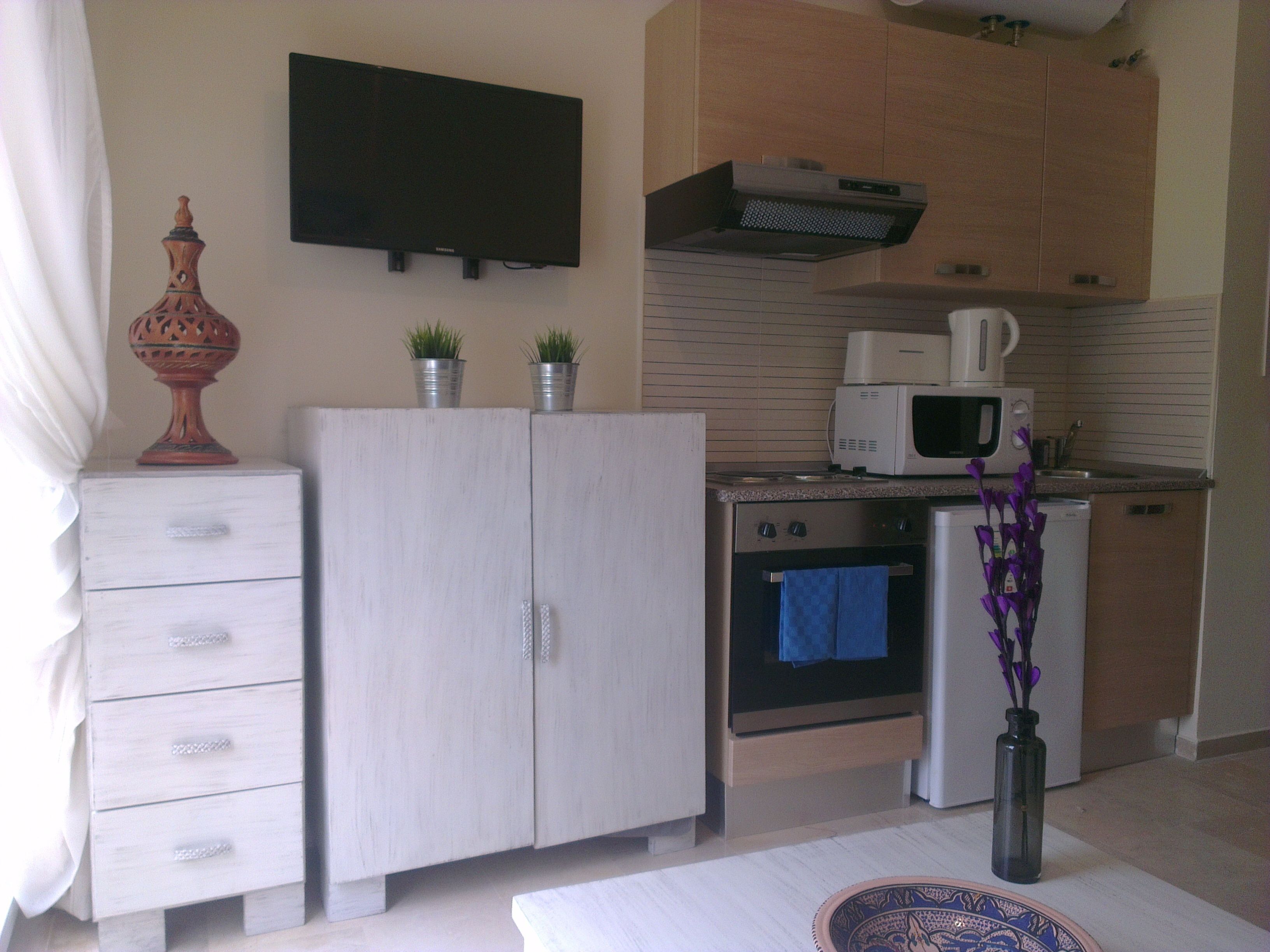 Cocina compacta con microondas, horno y armarios. Hay un televisor montado en la pared y un florero con flores sobre la encimera.