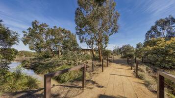 A wooden boardwalk leading to a building with a clear view of a river and surrounding vegetation.