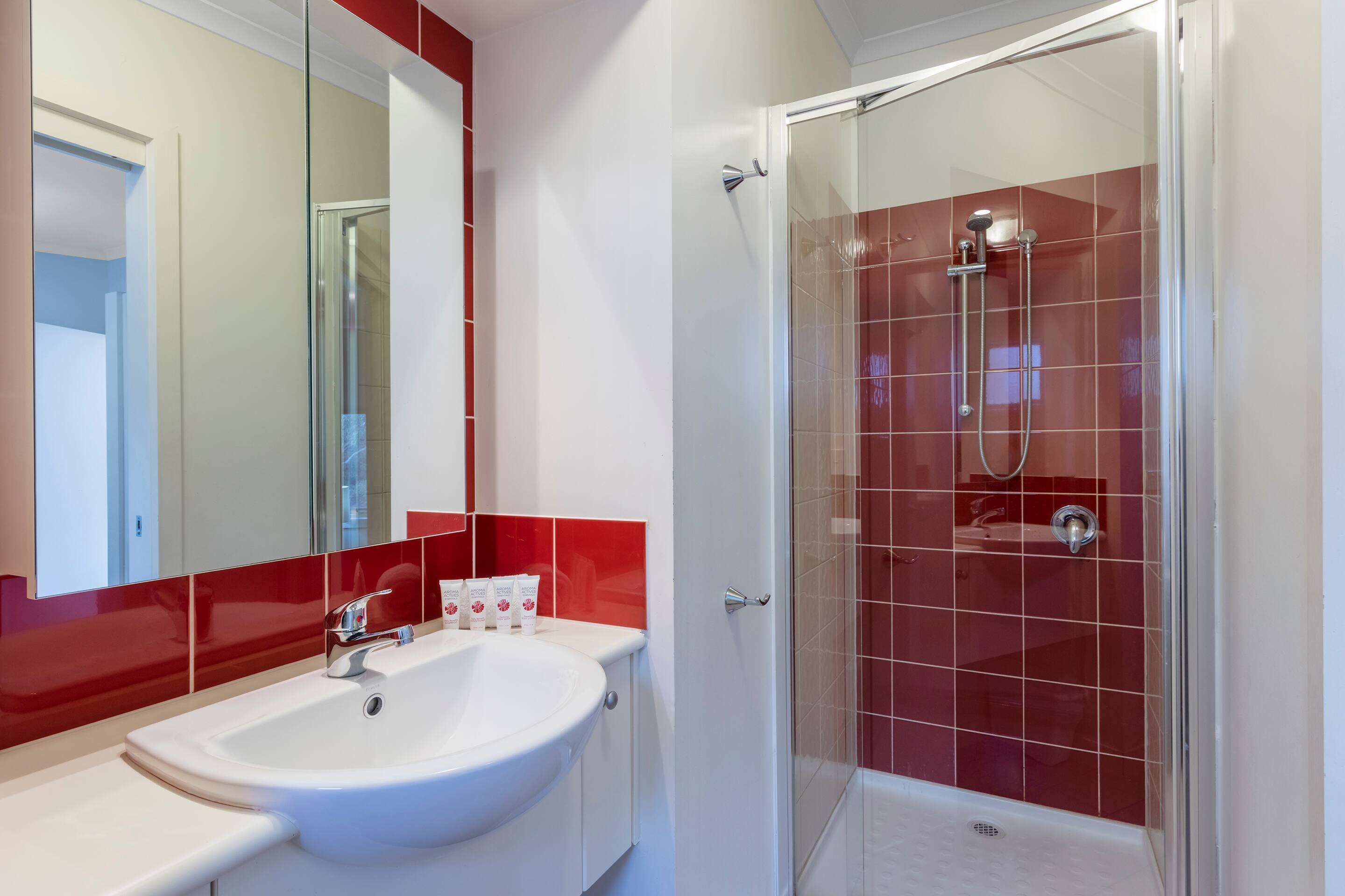 Une salle de bain moderne avec un lavabo blanc, une douche en verre et des murs recouverts de carreaux rouges.